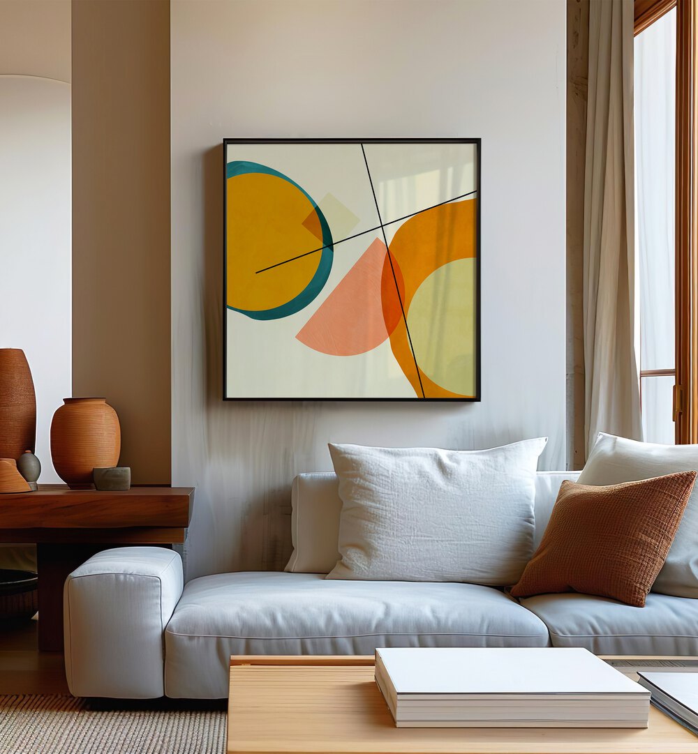 Mid Painted Kopie III By Ana Rut Bre Abstract Art Abstract Paintings in Black Plain Frame placed on a Cream Colored Wall near a White Sofa in the Living Room