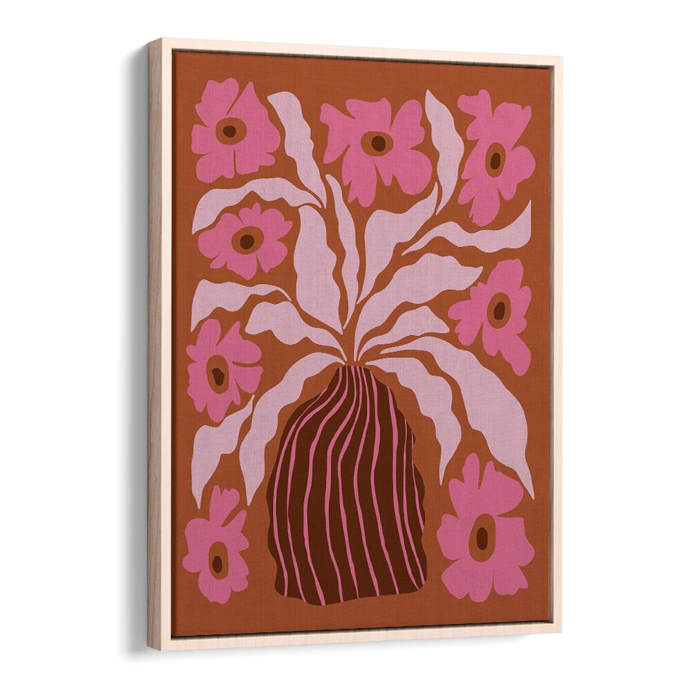 Mid-century Blooming Pot by Miho Art Studio Botanical Art Prints Floral Paintings in Oak Wood Floater Frame