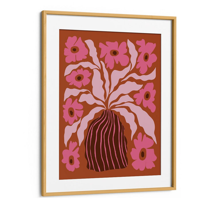 Mid-century Blooming Pot by Miho Art Studio Botanical Art Prints Floral Paintings in Oak Wood Frame With Mount