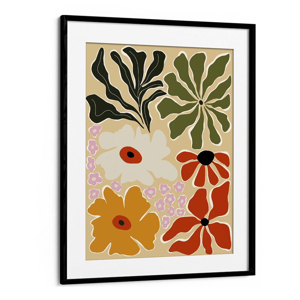 Mid-century Bouquet by Miho Art Studio Botanical Art Prints Floral Paintings in Black Frame With Mount