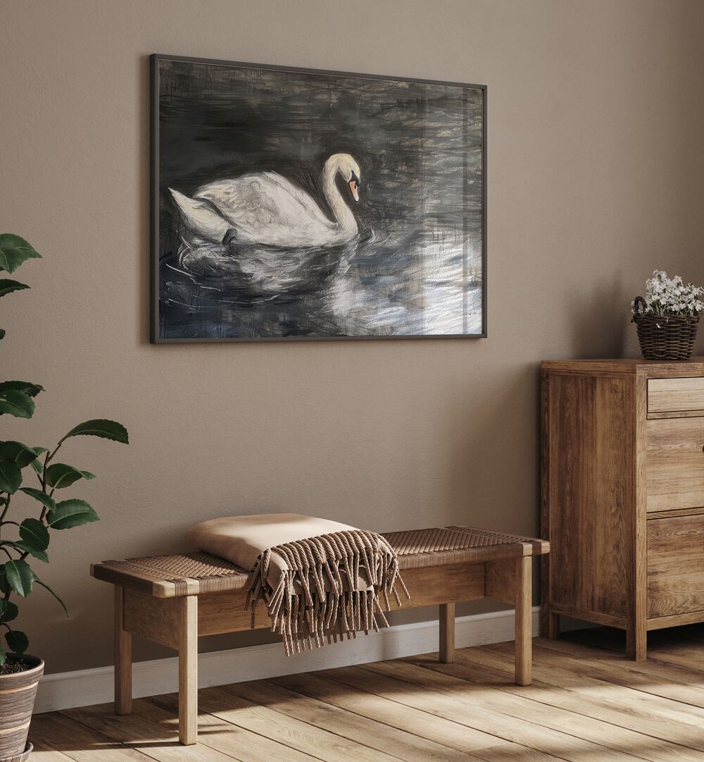 Midnight Swans Grace Kids Room Paintings Kids Room Wall Art in Black Plain Frame placed on a wall behind a table