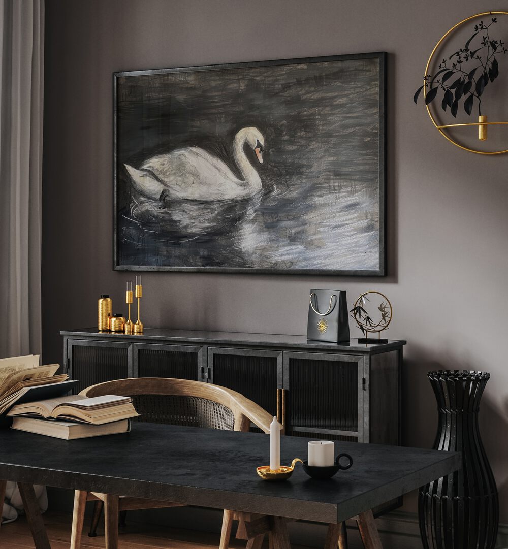 Midnight Swans Grace Kids Room Paintings Kids Room Wall Art in Black Plain Frame placed on a wall behind a console table