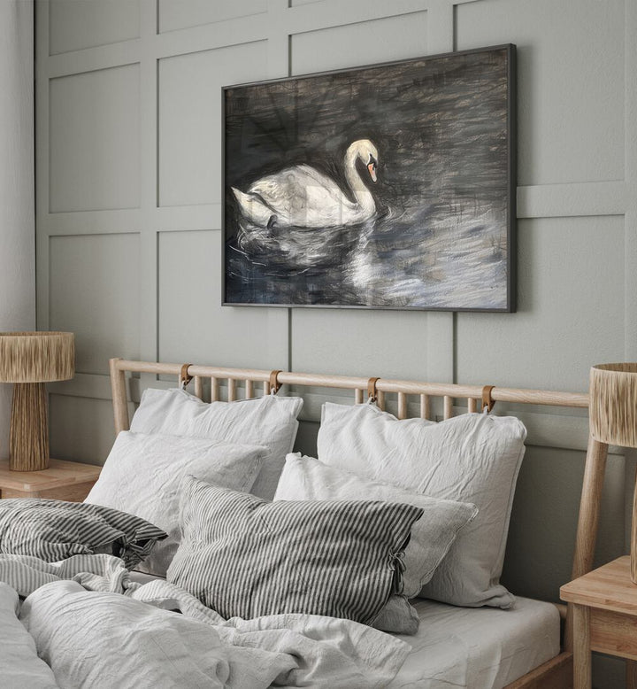 Midnight Swans Grace Kids Room Paintings Kids Room Wall Art in Black Plain Frame placed on a wall behind a bed for bedroom