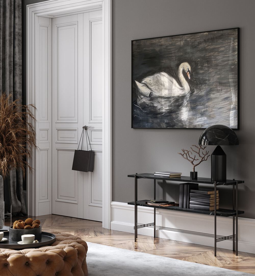 Midnight Swans Grace Kids Room Paintings Kids Room Wall Art in Black Plain Frame placed on a wall behind a table and beside a door