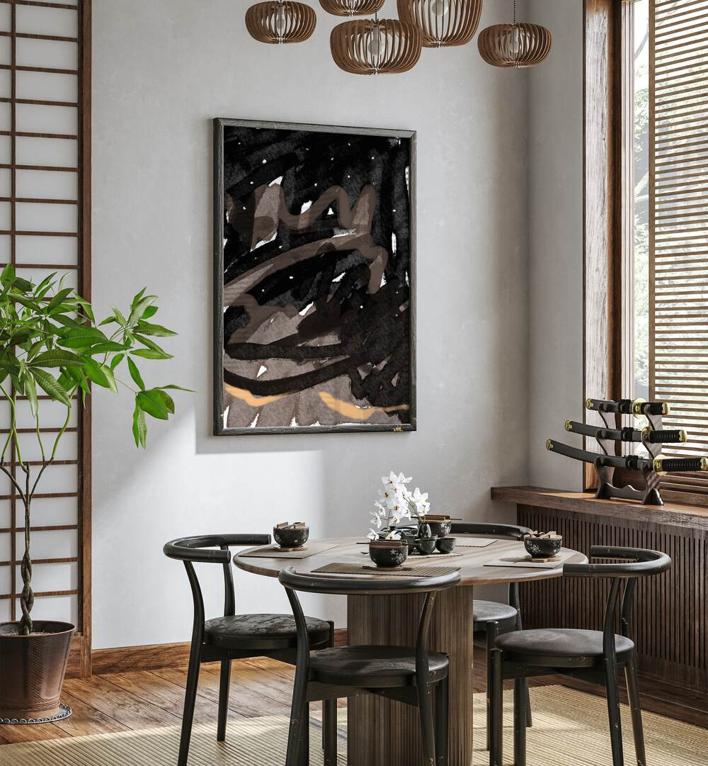 Midnight Swirl Fantasy by Nilesh Kulkarni Abstract Paintings Abstract Art Print in Black Plain Frame placed in the corner of a dining area wall beside a window and behind  a dining table