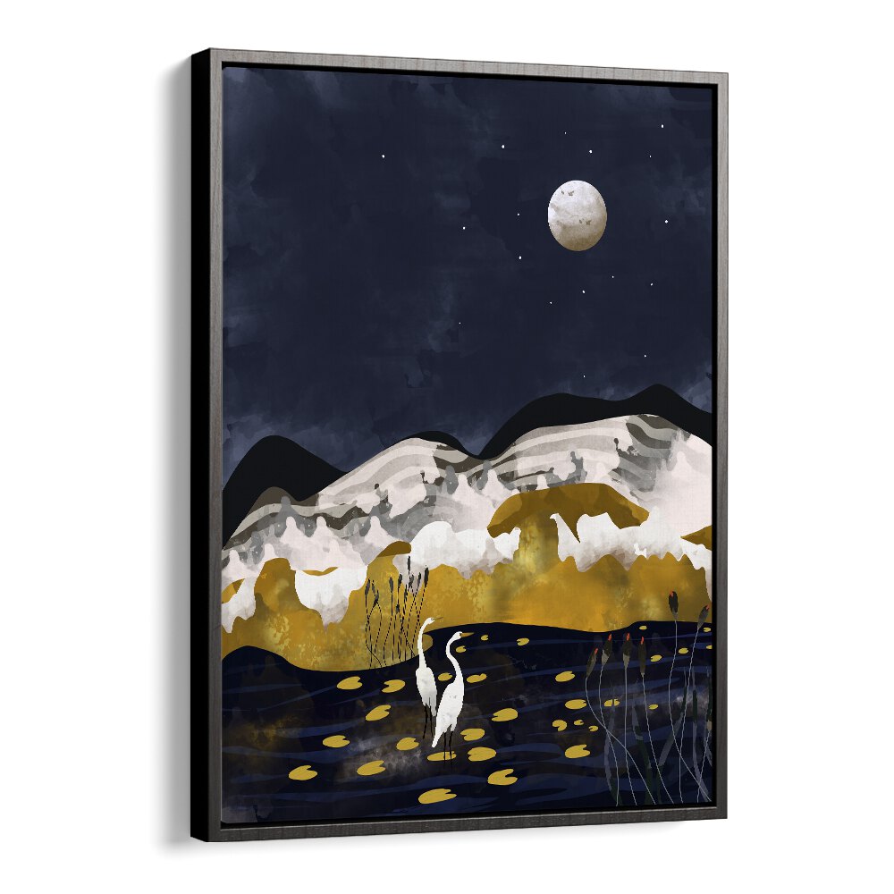 Midniight Lake By Uma Gokhale Landscape Art Prints in Black Floater Frame