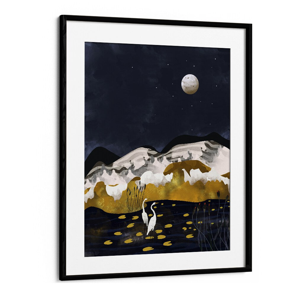 Midniight Lake By Uma Gokhale Landscape Art Prints in Black Frame With Mount