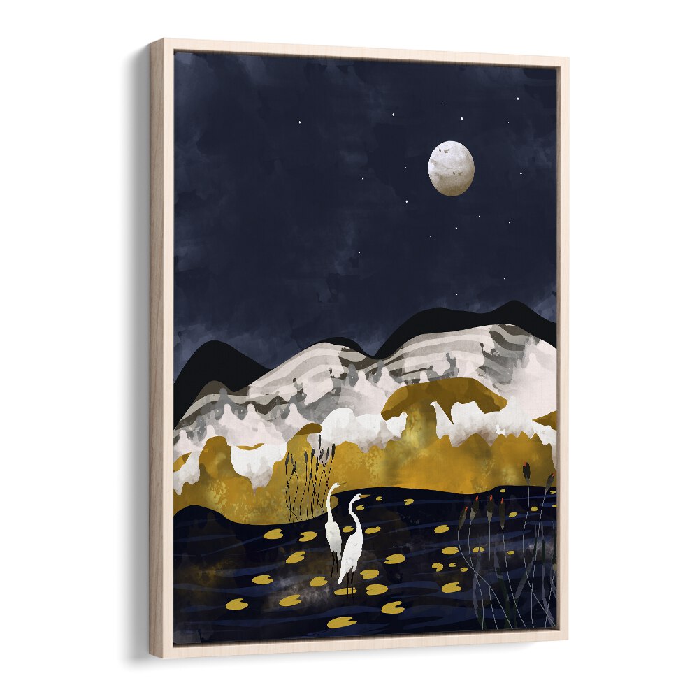 Midniight Lake By Uma Gokhale Landscape Art Prints in Oak Wood Floater Frame