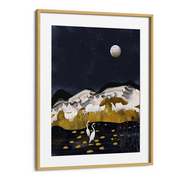 Midniight Lake By Uma Gokhale Landscape Art Prints in Oak Wood Frame With Mount