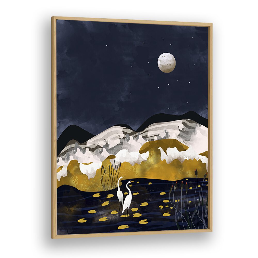 Midniight Lake By Uma Gokhale Landscape Art Prints in Oak Wood Plain Frame