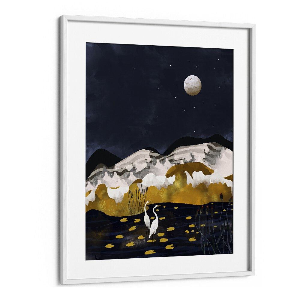 Midniight Lake By Uma Gokhale Landscape Art Prints in White Frame With Mount