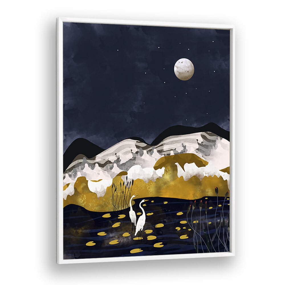 Midniight Lake By Uma Gokhale Landscape Art Prints in White Plain Frame