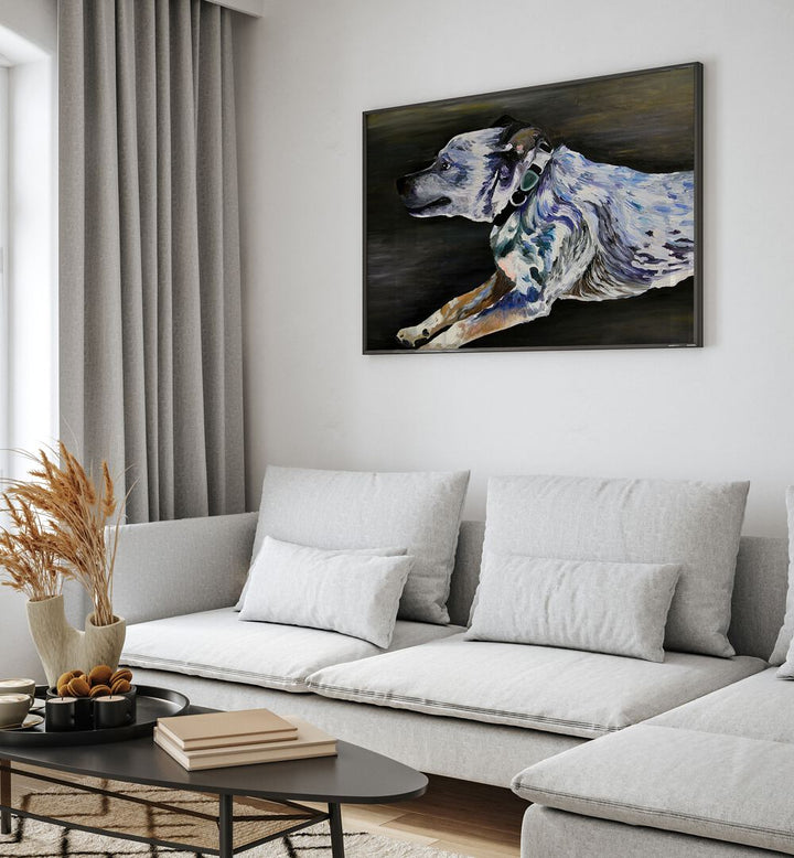 Mika By Key And Sea Creative Art Print in Black Plain Frame behind a white sofa for living room