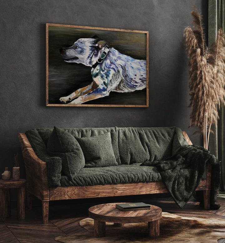 Mika By Key And Sea Creative Art Print in Oak Wood Plain Frame behind a green sofa for living room