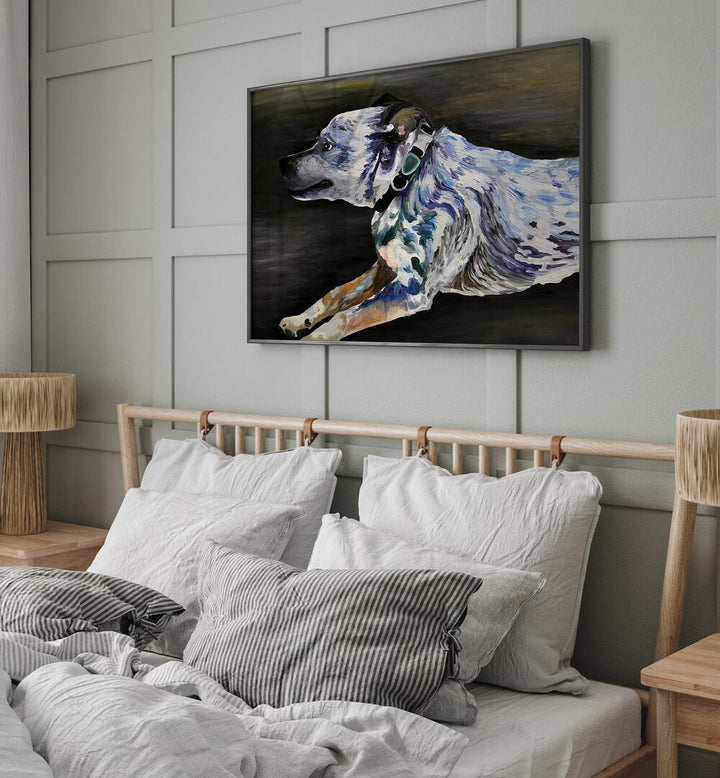 Mika By Key And Sea Creative Art Print in Black Plain Frame behind a bed for bedroom