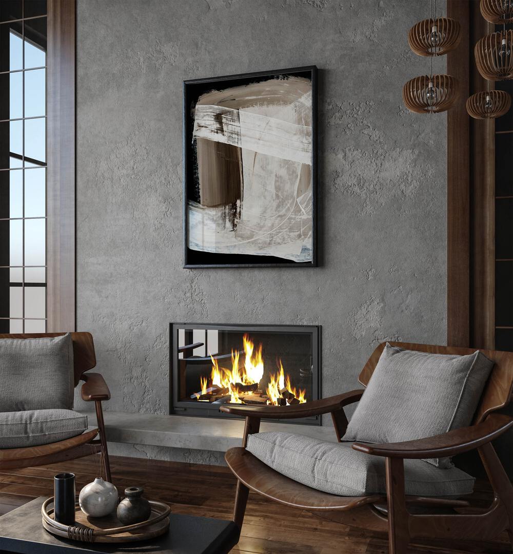 Mind By Dan Hobday Abstract Art Abstract Paintings in Black Plain Frame placed on a Grey Colored Wall above a Fire Place in the Living Room