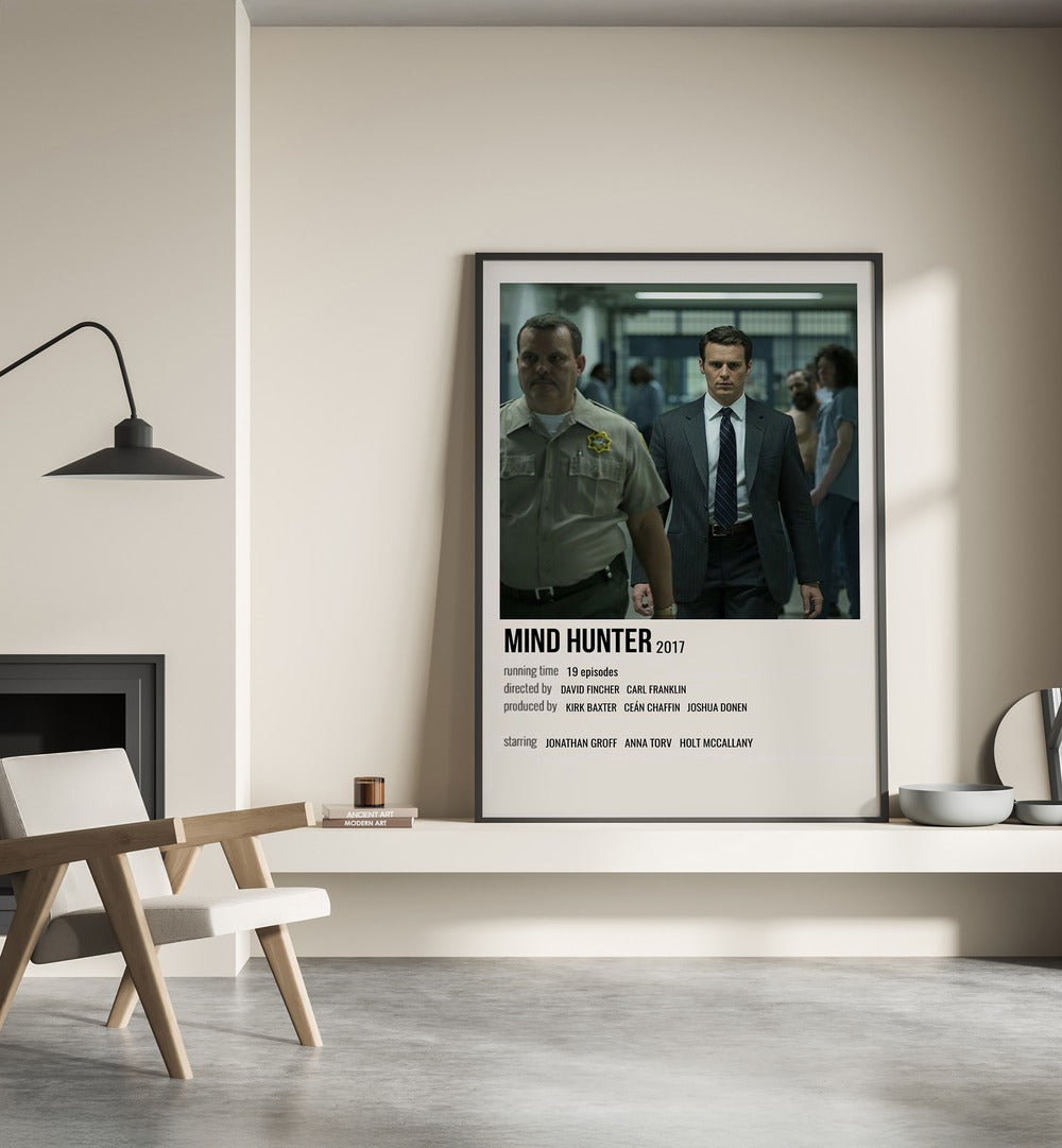 Mind Hunter 2017 Movie Posters in Black Plain Frame place on a wall behind a chair beside lamp