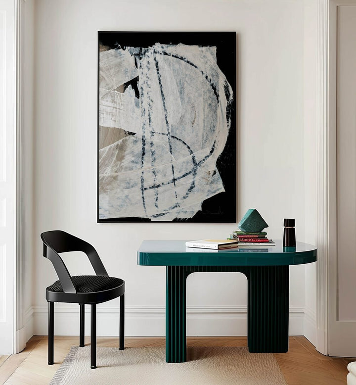 Mind II By Dan Hobday Abstract Art Abstract Paintings in Black Plain Frame placed on a Cream Colored Wall near a Workspace in the Drawing Room