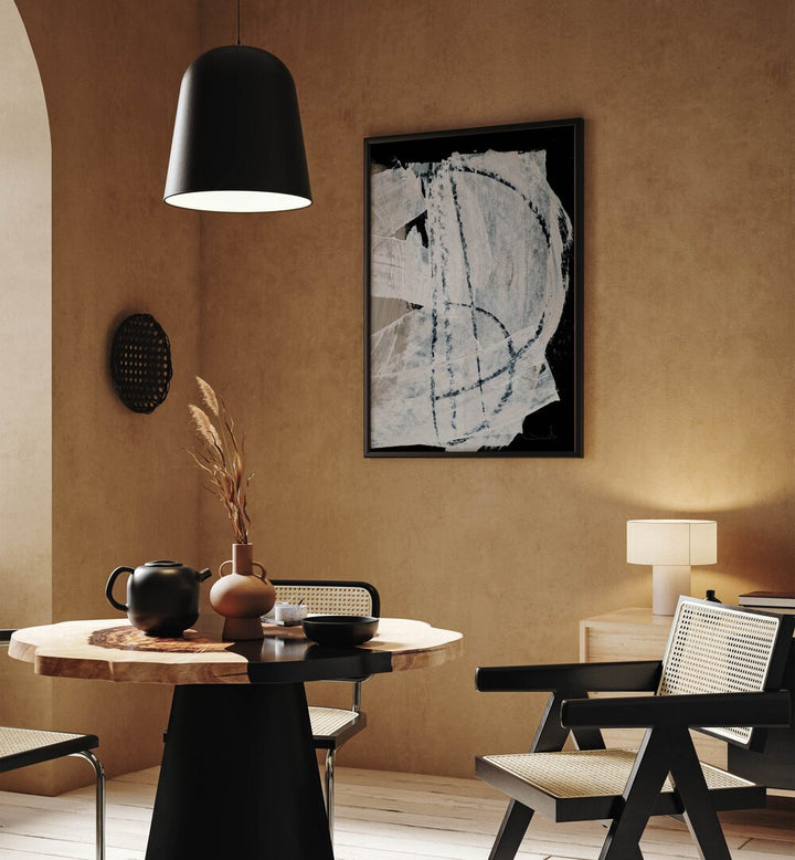 Mind II By Dan Hobday Abstract Art Abstract Paintings in Black Plain Frame placed on a Dessert Brown Colored Wall near a Dining Table in the Dining Room