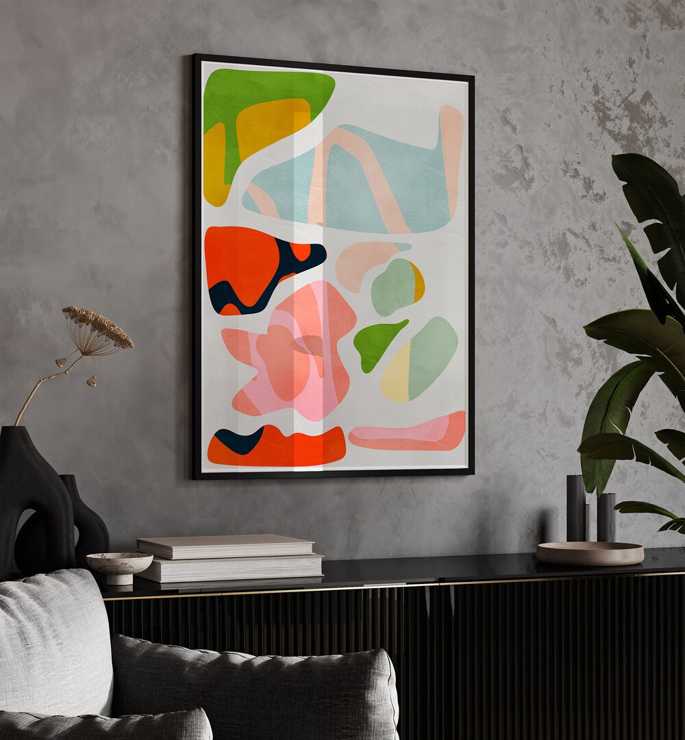 Minimal Cut Out By Ana Rut Bre Landscape Art Prints in Black Plain Frame placed on a Grey Colored Wall above a Console Table