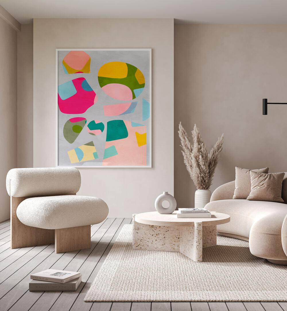 Minimal Cutout Colorful By Ana Rut Bre Landscape Art Prints in White Plain Frame placed on a Beige Colored Wall in the Living Room