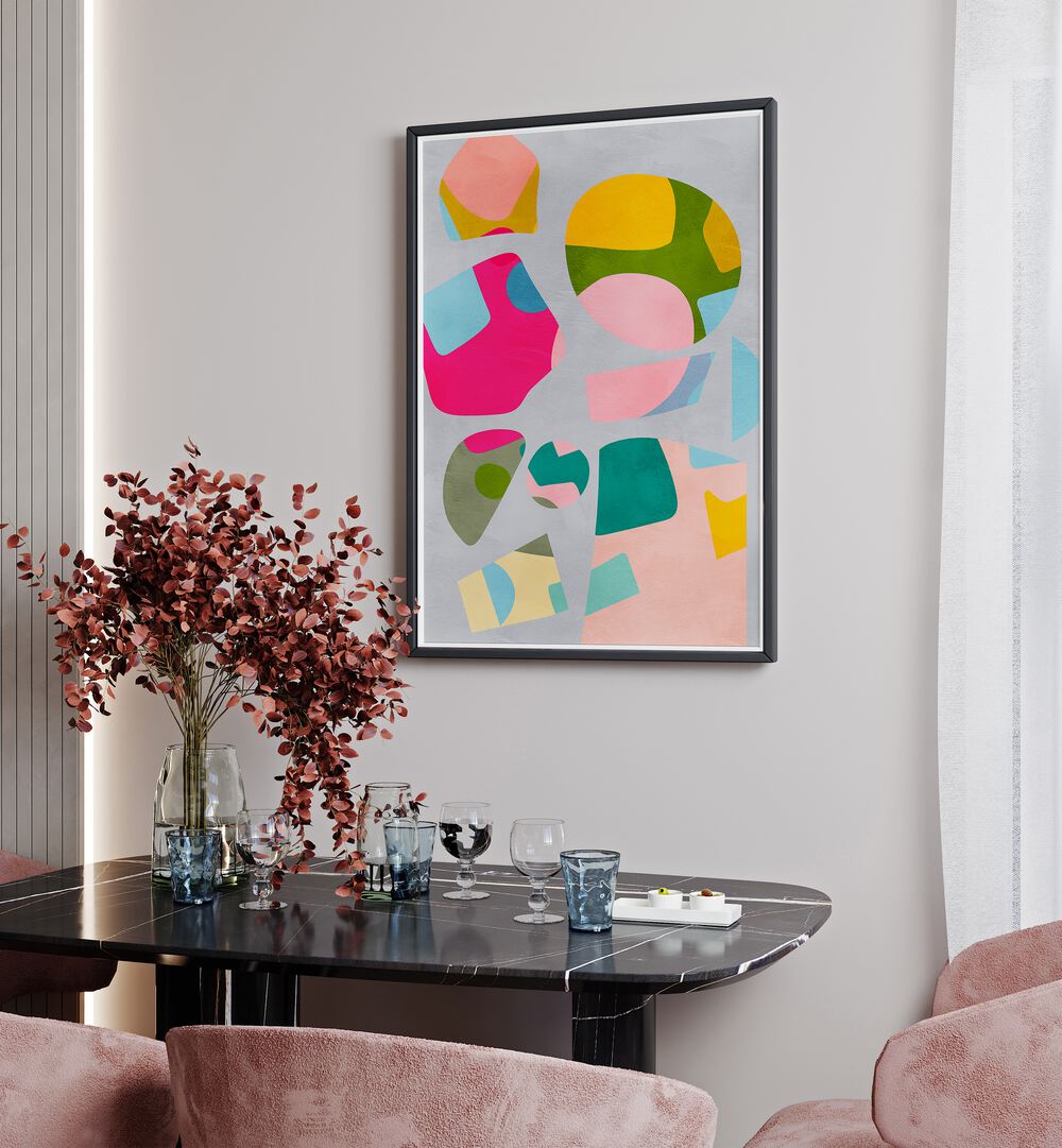 Minimal Cutout Colorful By Ana Rut Bre Landscape Art Prints in Black Plain Frame placed on a White Colored Wall near a Dining Table in the Dining Room