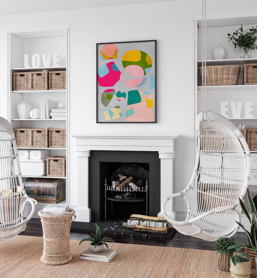 Minimal Cutout Colorful By Ana Rut Bre Landscape Art Prints in Black Plain Frame placed on a White Colored Wall in the Living Room