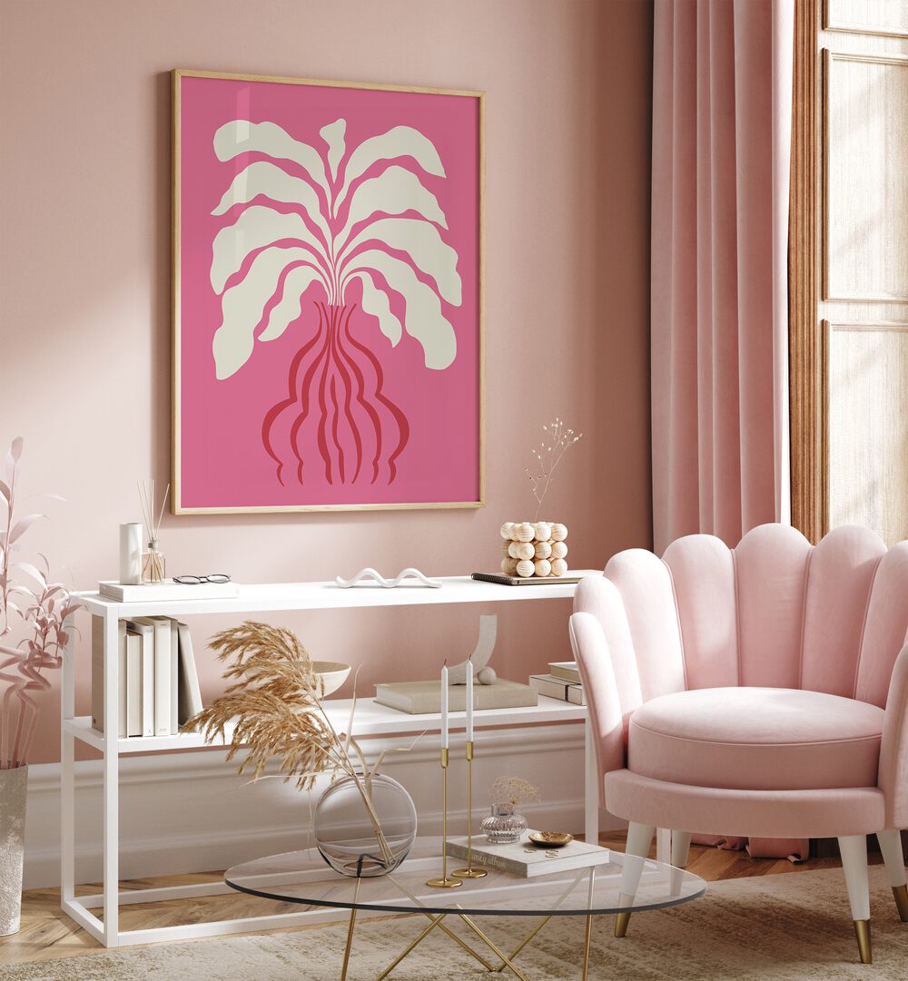 Minimal Leaf And Vase By Miho Art Studio Botanical Art Prints Floral Paintings in Oak Wood Plain Frame placed on a Pink Colored Wall above a Console Table in the Drawing Room