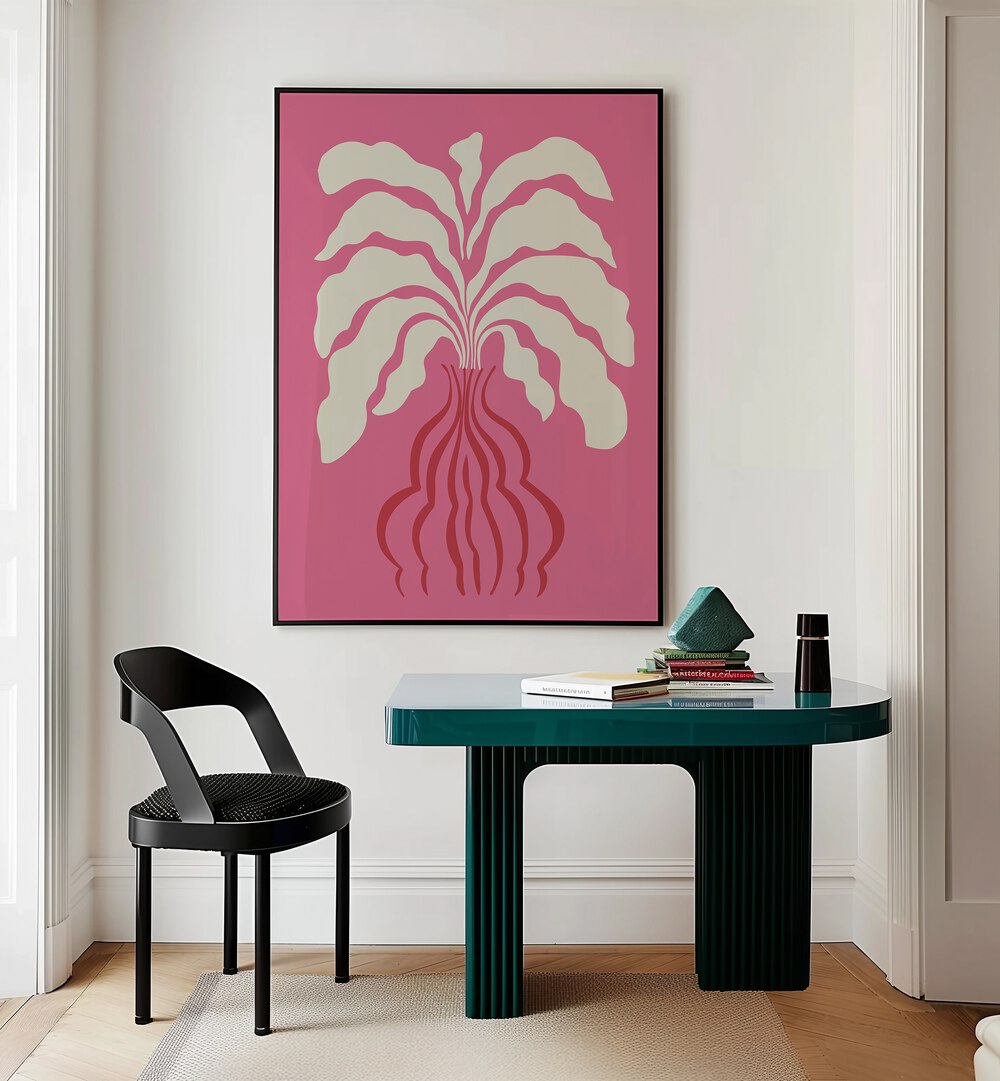 Minimal Leaf And Vase By Miho Art Studio Botanical Art Prints Floral Paintings in Black Plain Frame placed on a Cream Colored Wall near a Table in a Workspace in the Drawing Room