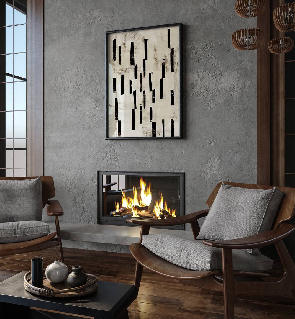 Minimal Lines By Dan Hobday Abstract Art Abstract Paintings in Black Plain Frame placed on a Grey Colored Wall above a Fire place in the Living Room