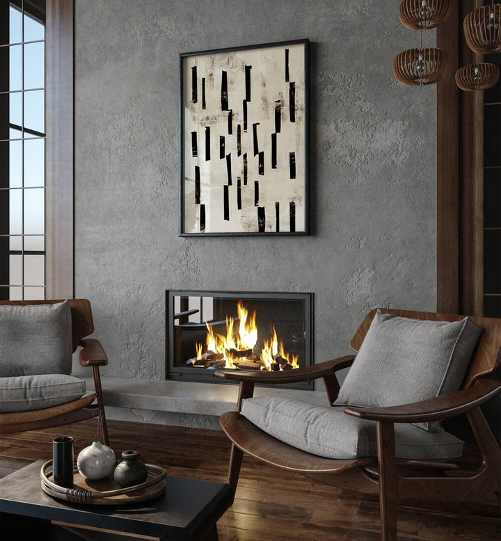 Minimal Lines By Dan Hobday Abstract Art Abstract Paintings in Black Plain Frame placed on a Grey Colored Wall above a Fire place in the Living Room