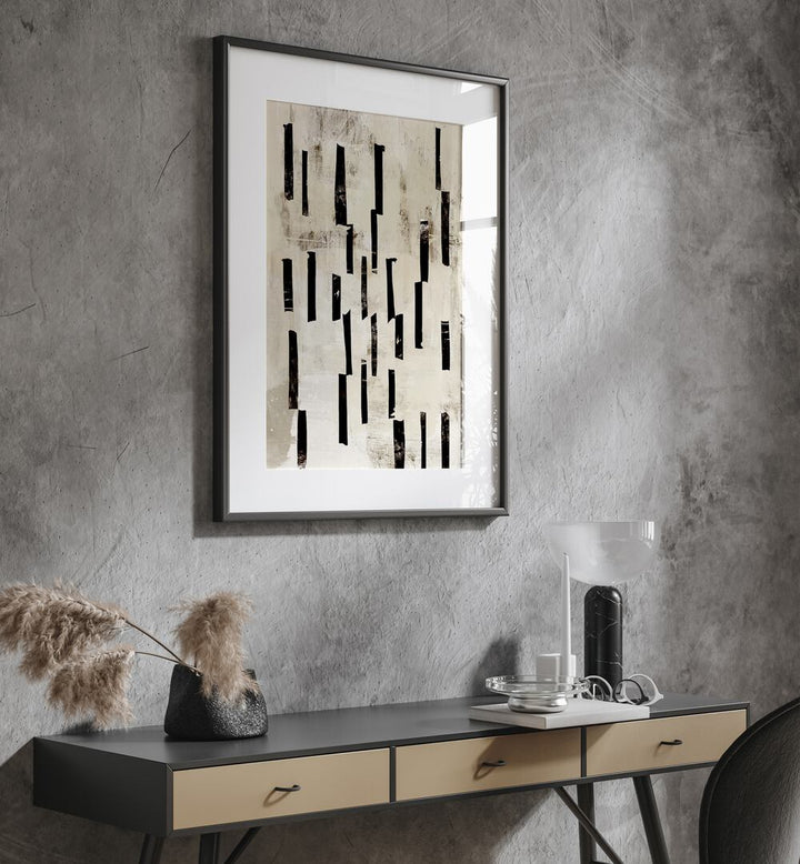 Minimal Lines By Dan Hobday Abstract Art Abstract Paintings in Black Frame With Mount placed on a Grey Colored Wall above a Console Table in the Drawing Room