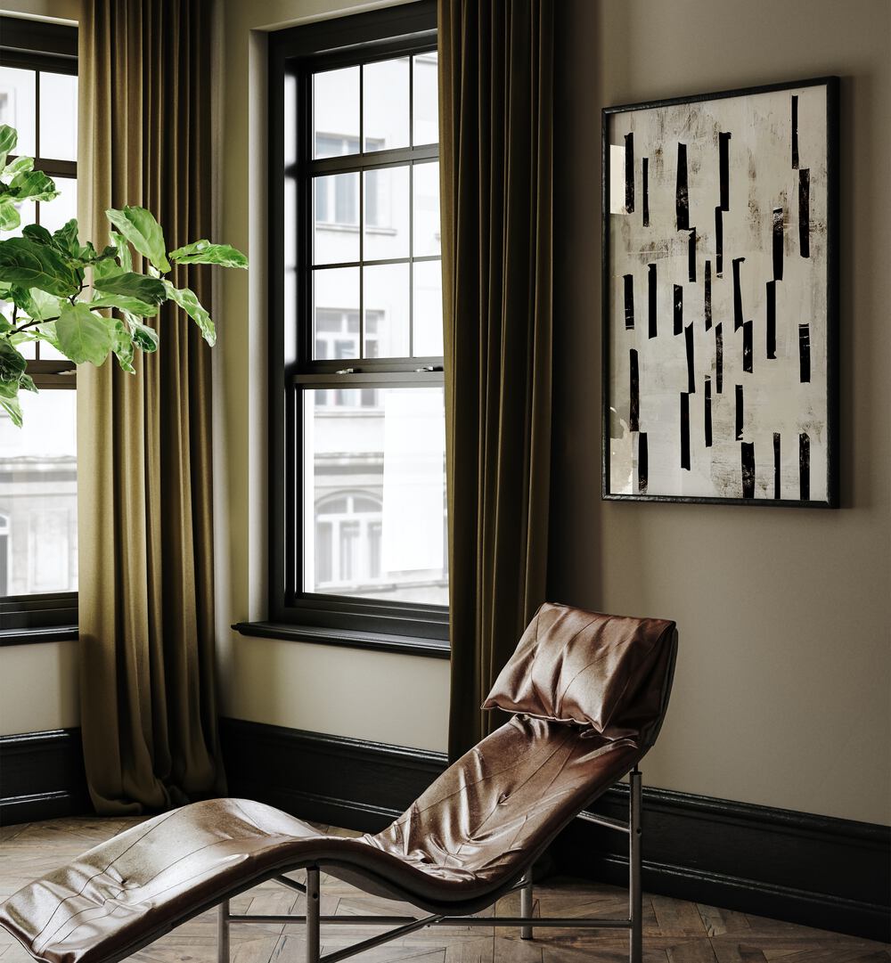 Minimal Lines By Dan Hobday Abstract Art Abstract Paintings in Black Plain Frame placed on a Beige Colored Wall in the Drawing Room