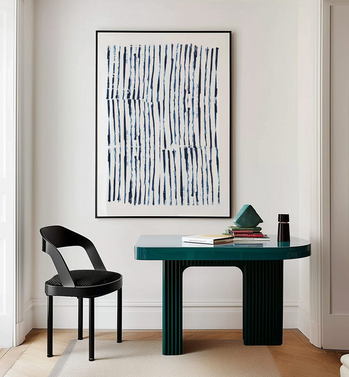 Minimal Marks By Dan Hobday Abstract Art Abstract Paintings in Black Plain Frame placed on a Cream Colored Wall near a Workspace in the Drawing Room