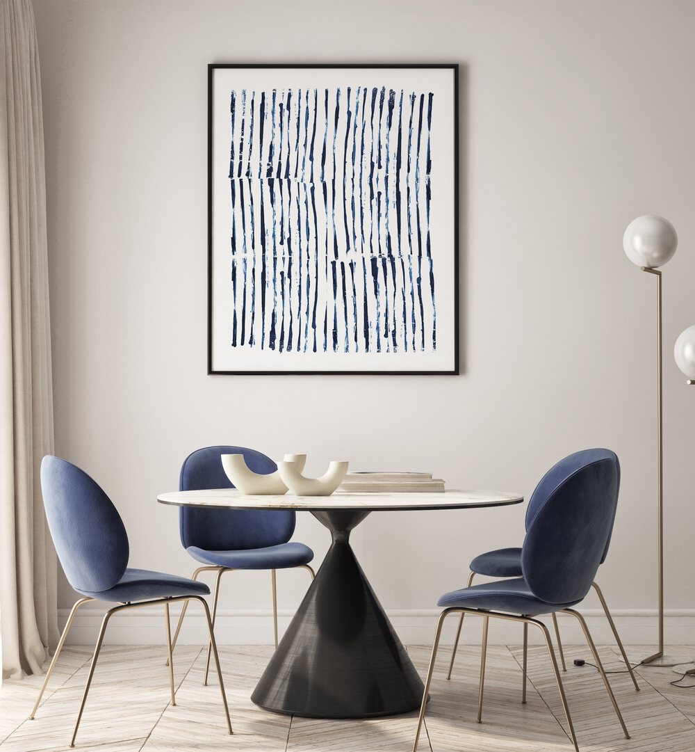 Minimal Marks By Dan Hobday Abstract Art Abstract Paintings in Black Plain Frame placed on a Cream Colored Wall near a Dining Table in the Dining Room