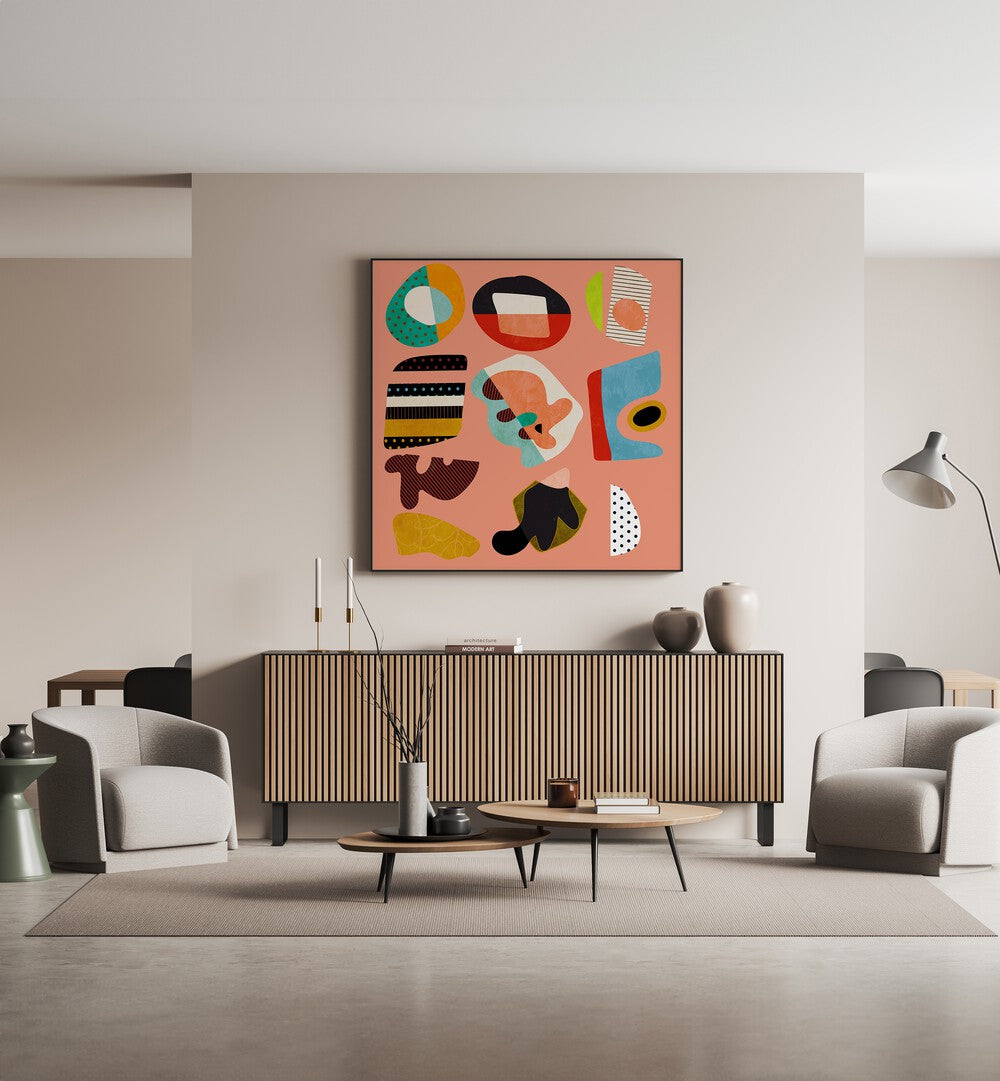 Minimal Shapes Bunte II By Ana Rut Bre Abstract Art Abstract Paintings in Black Plain Frame placed on a Cream Colored Wall above a Console Table in the Living Room