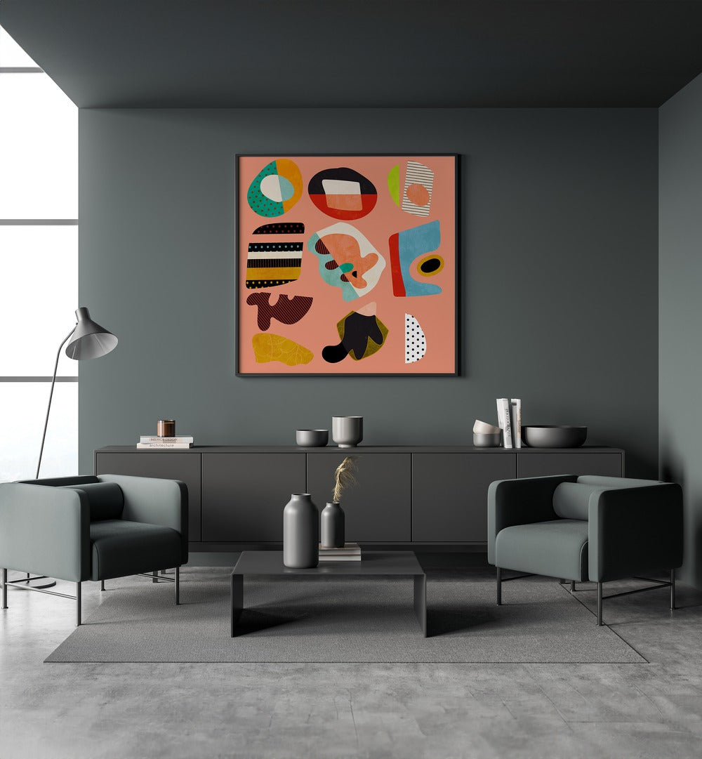 Minimal Shapes Bunte II By Ana Rut Bre Abstract Art Abstract Paintings in Black Plain Frame placed on a Dark Grey Colored Wall above a Console Table in the Living Room