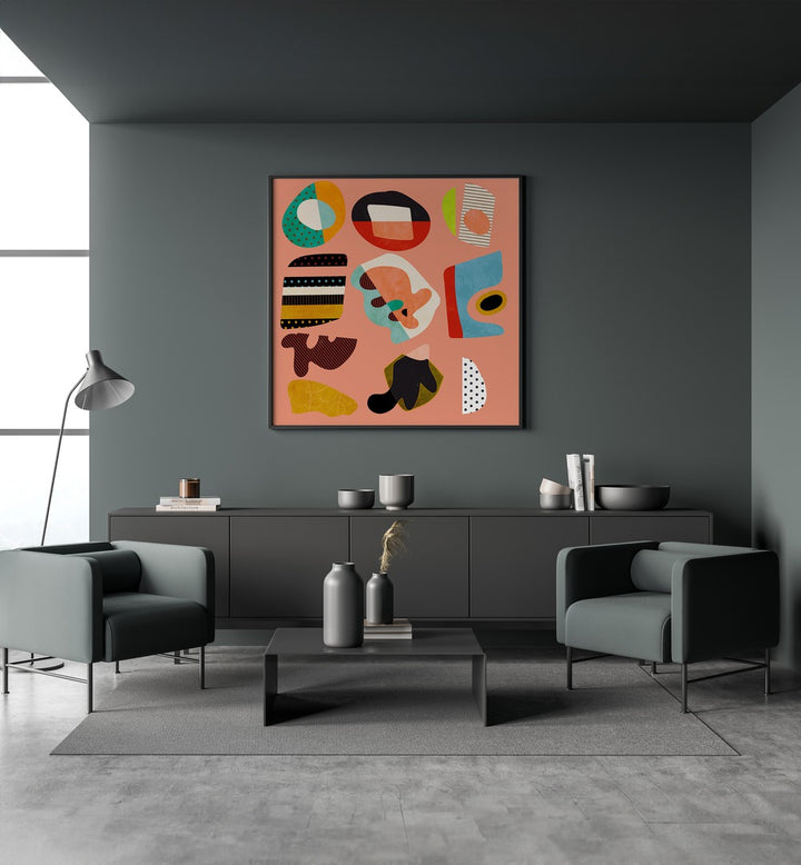 Minimal Shapes Bunte II By Ana Rut Bre Abstract Art Abstract Paintings in Black Plain Frame placed on a Dark Grey Colored Wall above a Console Table in the Living Room