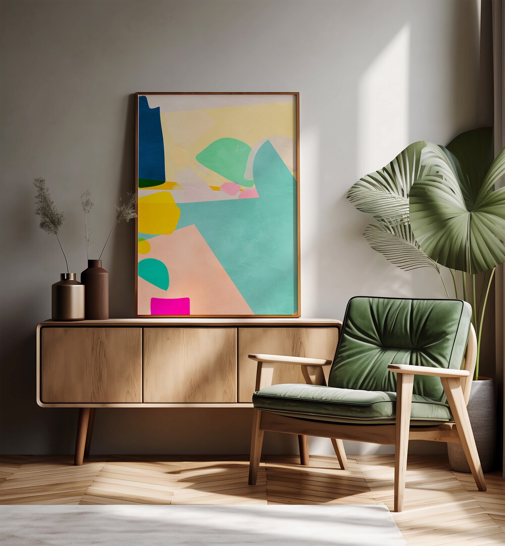 Minimal Shapes By Ana Rut Bre Landscape Art Prints in Oak Wood Plain Frame placed on a Console Table near a Cream Colored Wall in the Drawing Room