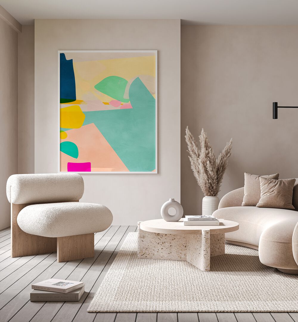 Minimal Shapes By Ana Rut Bre Landscape Art Prints in White Plain Frame placed on a Beige Colored Wall in the Living Room