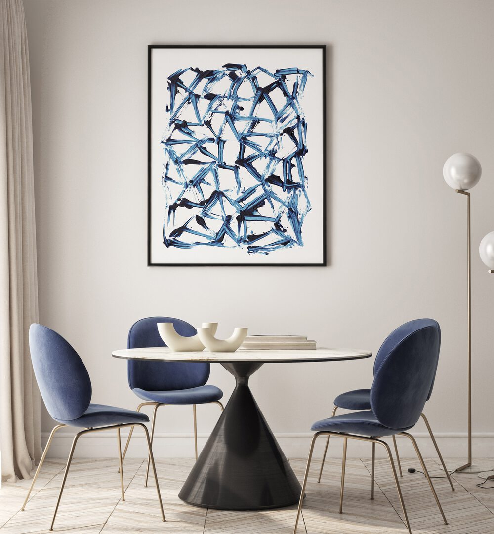 Minimal Shapes By Dan Hobday Abstract Art Abstract Paintings in Black Plain Frame placed on a Cream Colored Wall near a Dining Table in the Dining Room