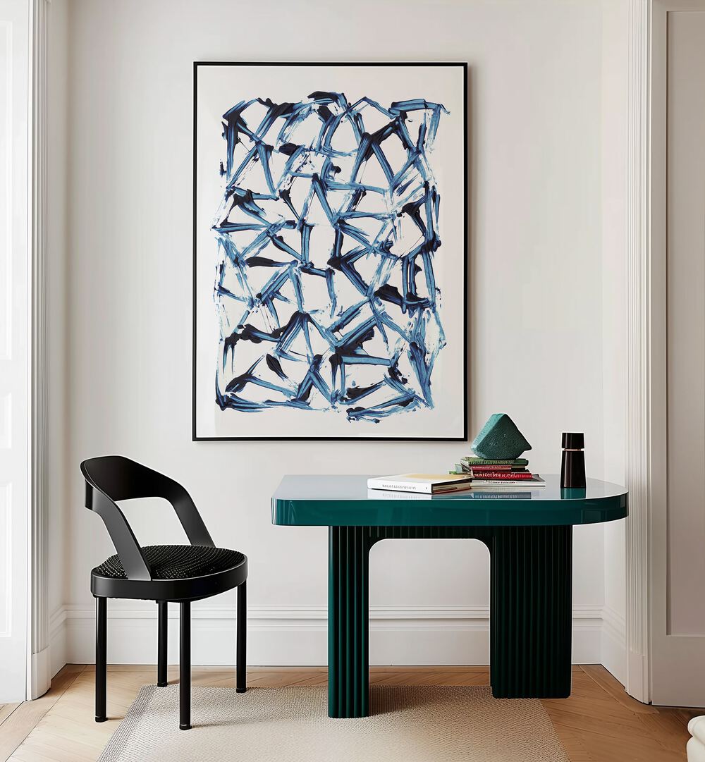 Minimal Shapes By Dan Hobday Abstract Art Abstract Paintings in Black Plain Frame placed on a Cream Colored Wall near a Workspace in the Drawing Room