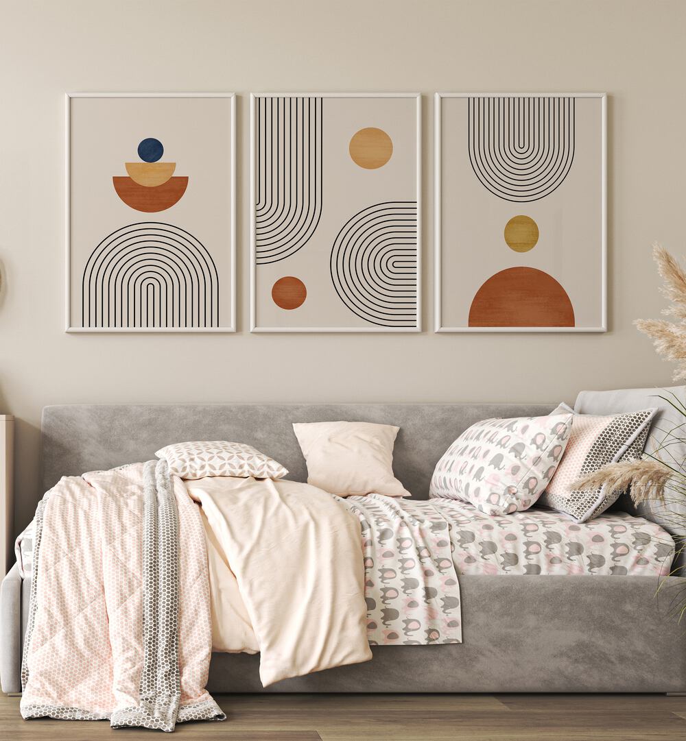 Minimalism Boho Arts Set Of 3 Paintings in White Plain Frame placed on a wall living room wall behind a sofa