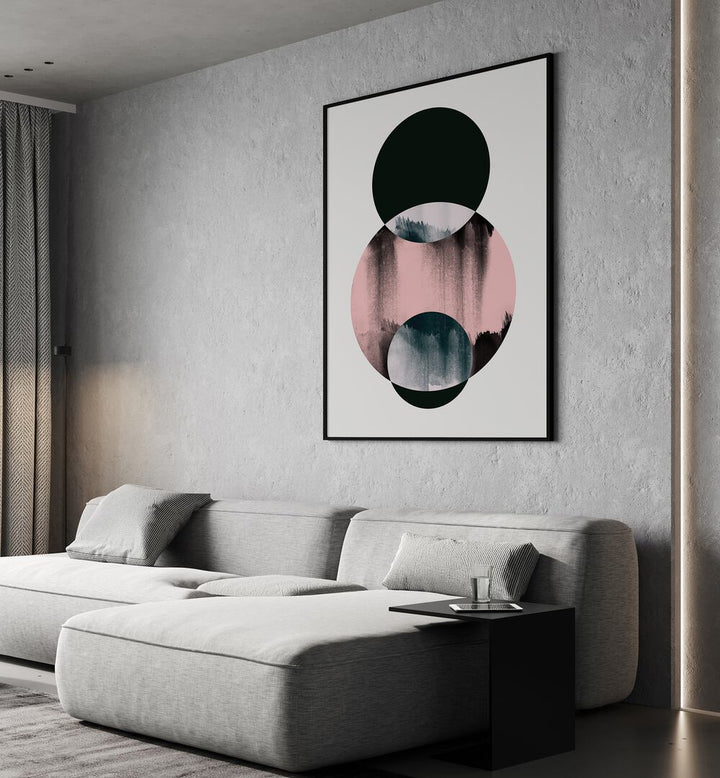 Minimalism XIV By Mareike Bohmer Abstract Art Abstract Paintings in Black Plain Frame placed on a Grey Colored Wall near a Grey Sofa in the Living Room