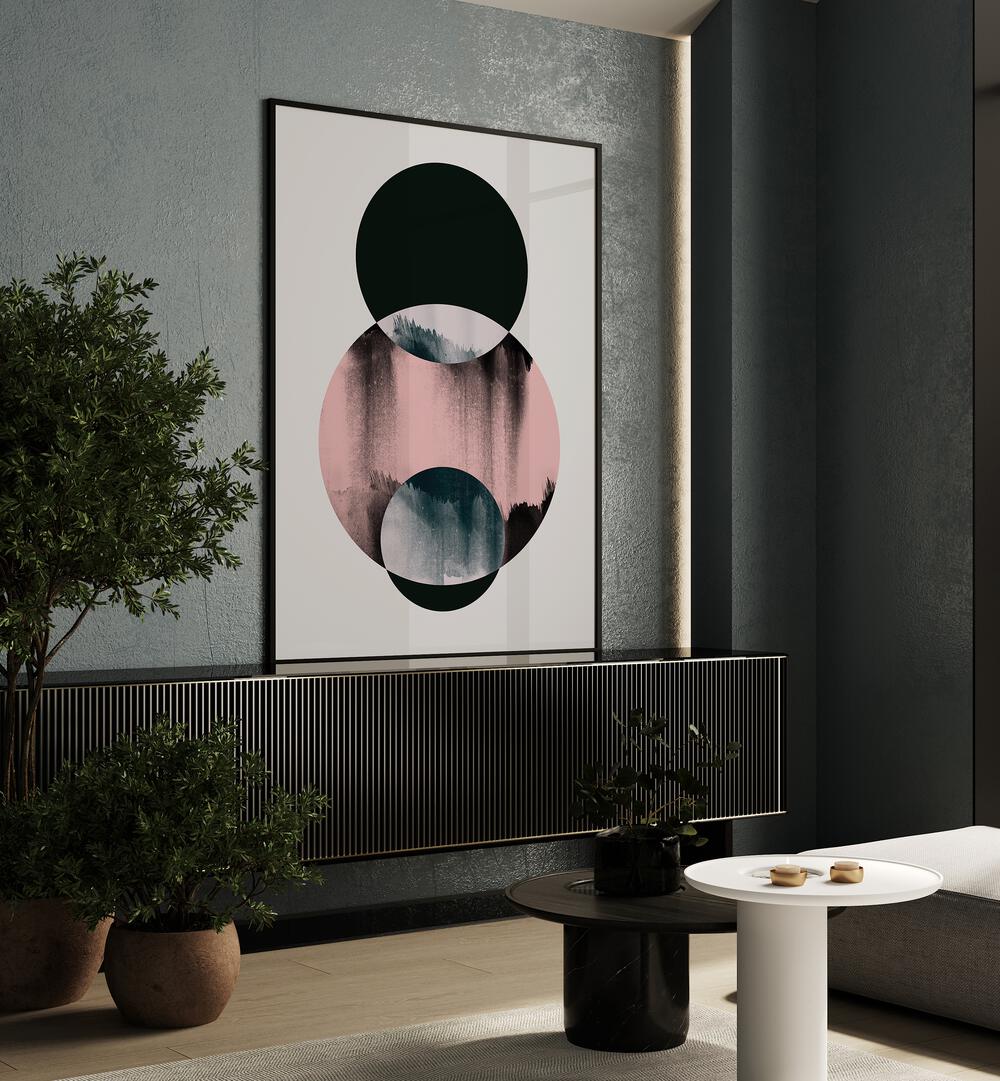 Minimalism XIV By Mareike Bohmer Abstract Art Abstract Paintings in Black Plain Frame placed on a Console Table near a Dark Grey Colored Wall in the Living Room