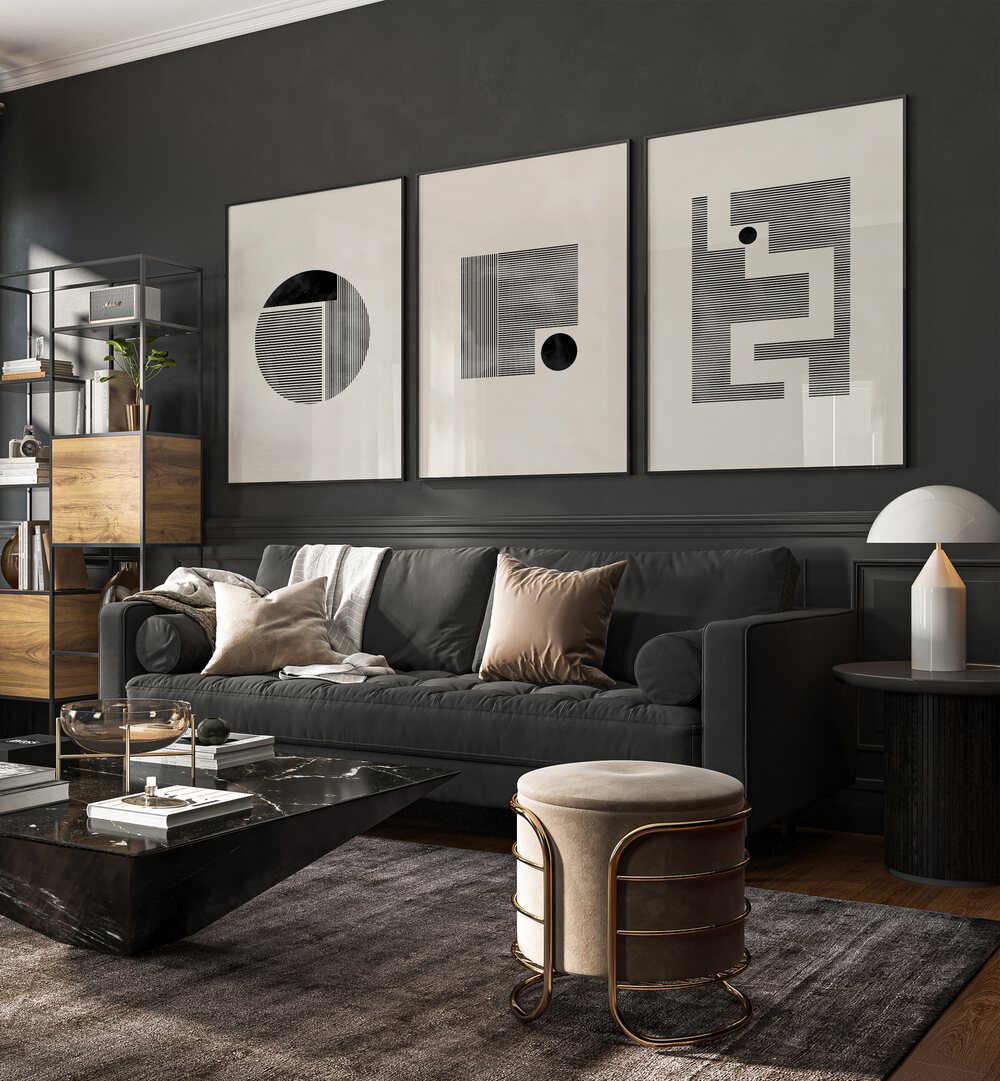 Minimalist Maze Set Set Of 3 Paintings in Black Plain Frame placed on a grey wall behind a black sofa