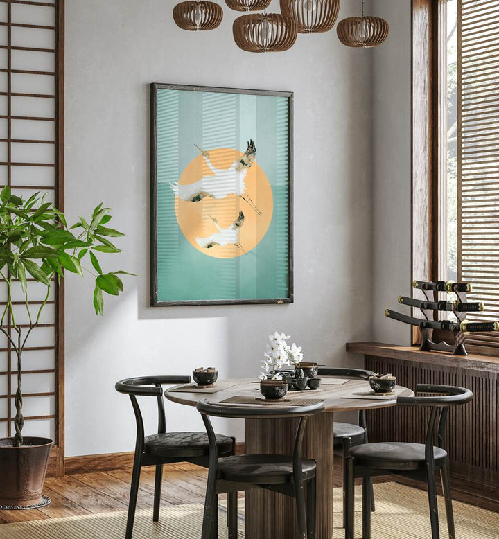 Mint Green Sun A Cranes By Aureous Wildlife Art Prints in Dark Wood Plain Frame placed on a White Colored Wall near a Coffee Table in the Dining Room