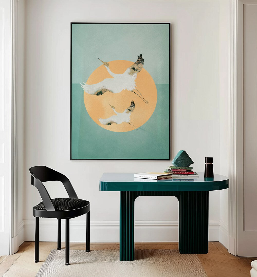 Mint Green Sun A Cranes By Aureous Wildlife Art Prints in Black Plain Frame placed on a Cream Colored Wall near a Table in a Workspace in the Drawing Room