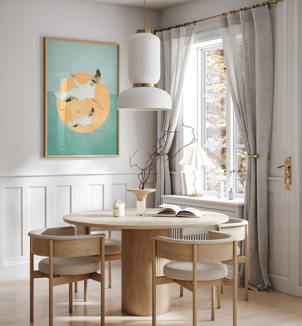 Mint Green Sun A Cranes By Aureous Wildlife Art Prints in Oak Wood Plain Frame placed on a White Colored Wall near a Coffee Table in the Dining Room