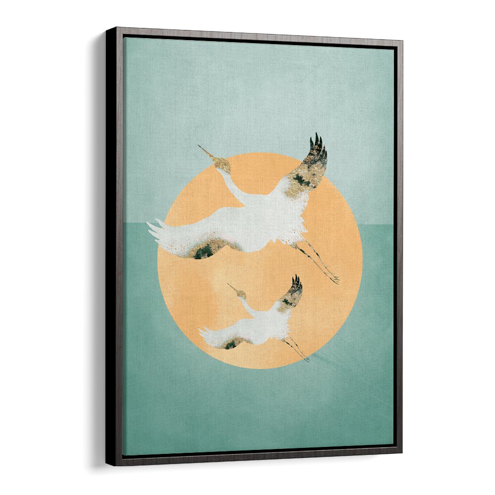 Mint Green Sun A Cranes By Aureous Wildlife Art Prints in Black Floater Frame